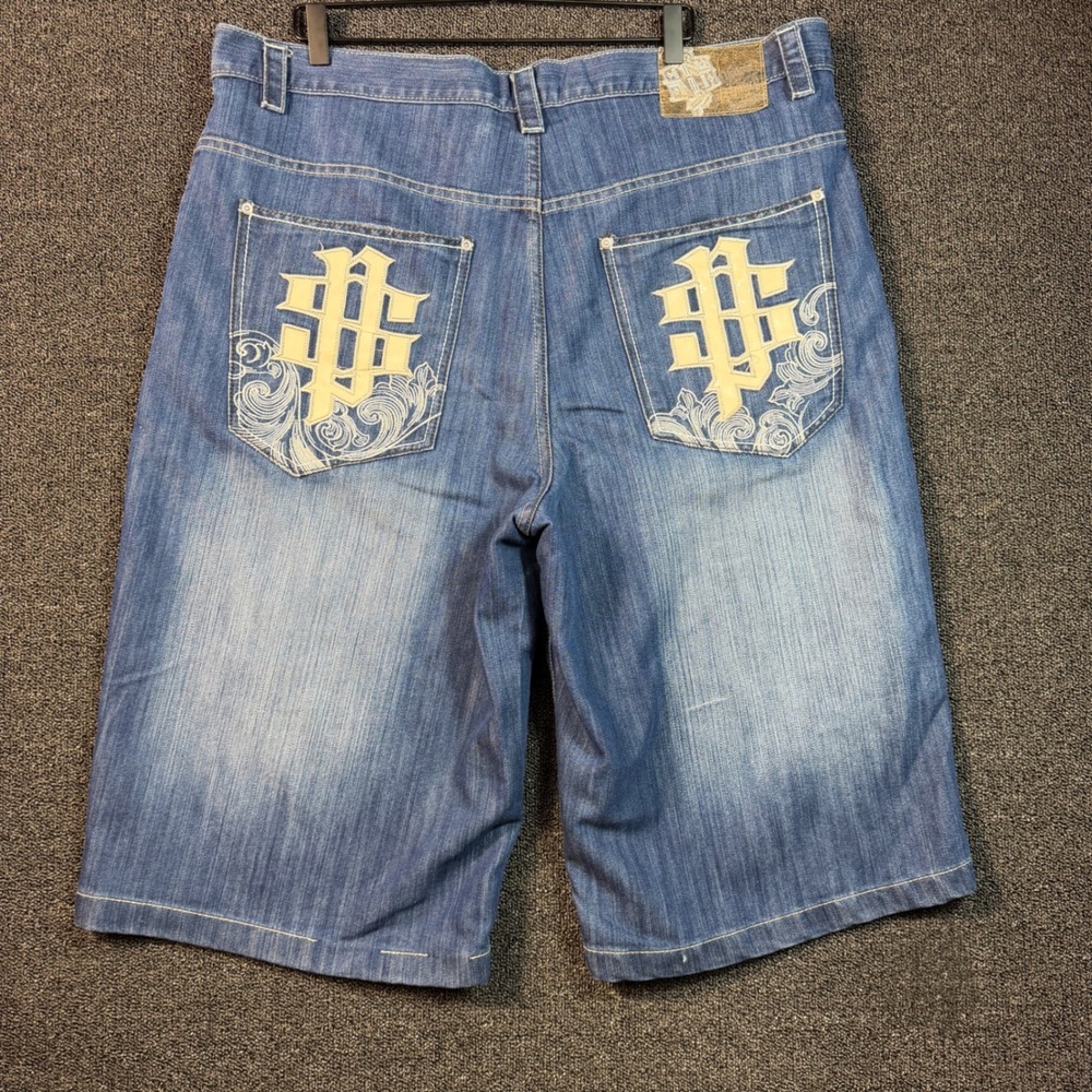 Vintage Y2K Southpole Mens 42 Jean Shorts Baggy Wide Leg Embroidered Dollar Sign